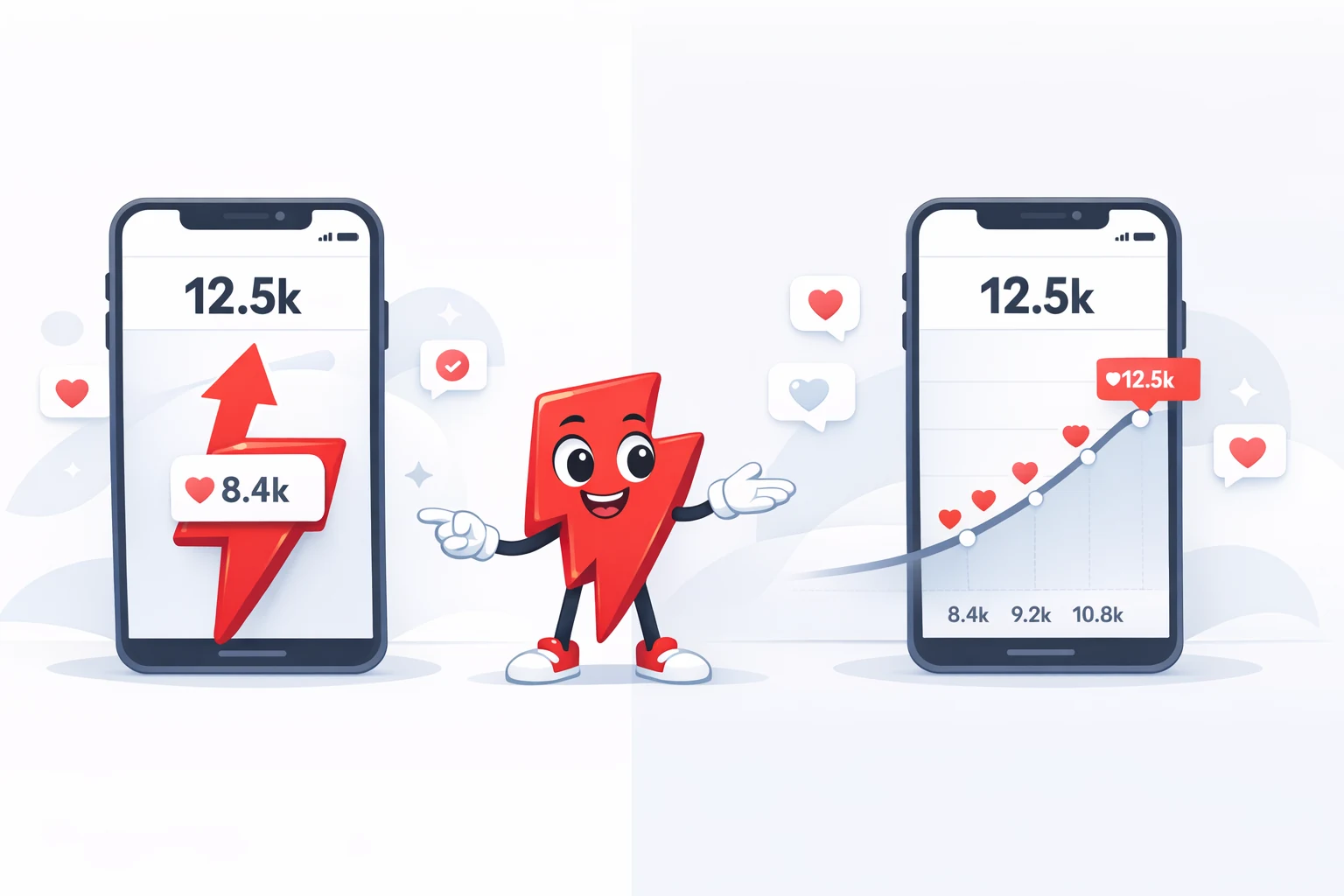 One-time follower boost arriving in a single step compared with a subscription's gradual daily curve