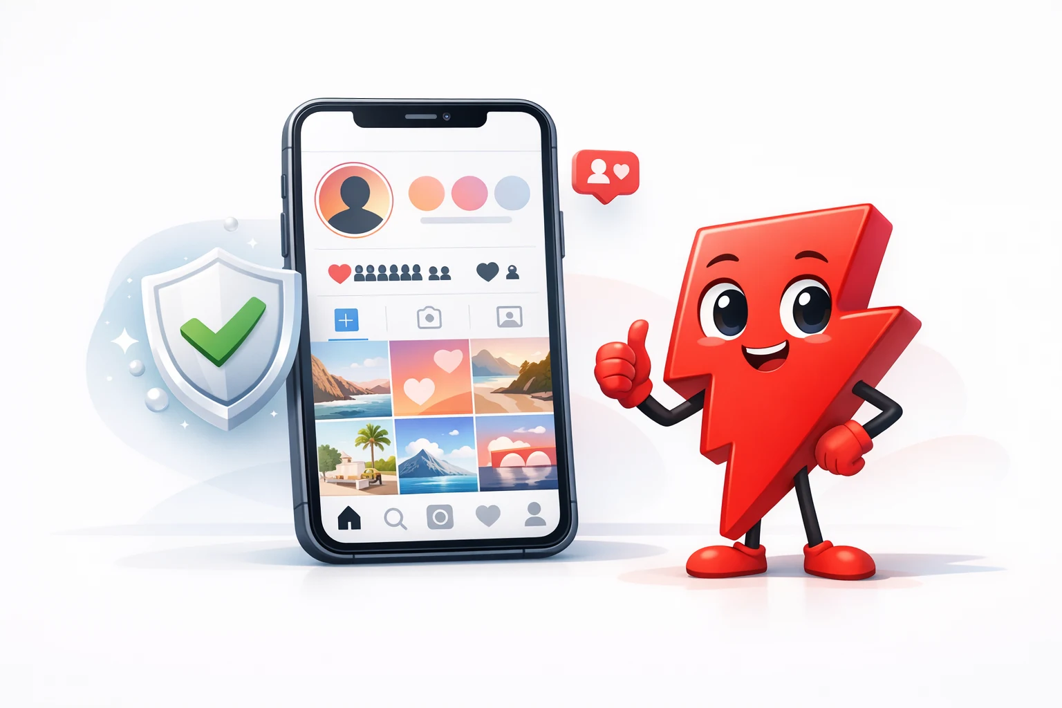 Polished Instagram profile with a strong follower count and a safety shield, showing credibility without account access