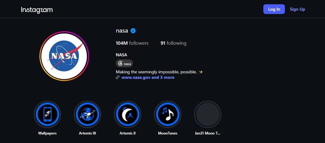 A public Instagram profile loading in a logged-out browser window, showing the follower count, bio and highlights