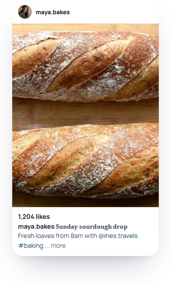 An Instagram post from maya.bakes whose caption starts with one bold line, with the hashtag and the mention in plain letters