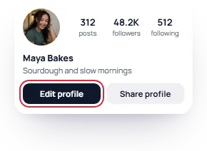 An Instagram profile header with the Edit profile button picked