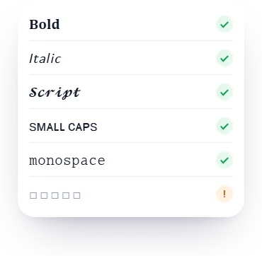 Bold, italic, script, small caps and monospace samples marked as safe, and a style that shows as empty boxes