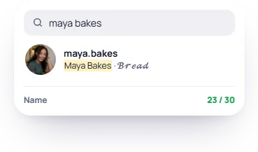 Instagram search for maya bakes finding the account through the plain words in its name, with the name counter at 23 of 30