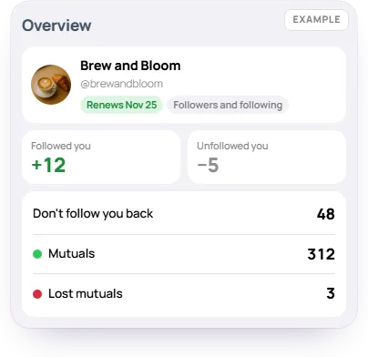 Example of the unfollow tracker dashboard: followed and unfollowed this week, who doesn't follow you back, mutuals and lost mutuals
