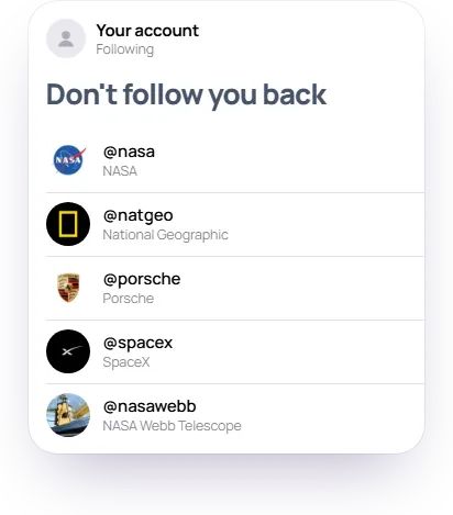 The tracker's don't-follow-you-back list: big accounts like NASA, National Geographic, Porsche and SpaceX that you follow and that don't follow you back