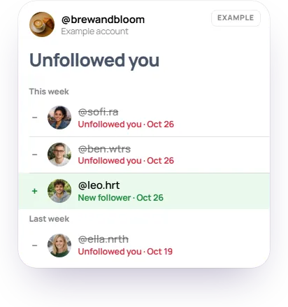 Example of the tracker's unfollowed-you view: accounts that stopped following you, a new follower, and the date of each change