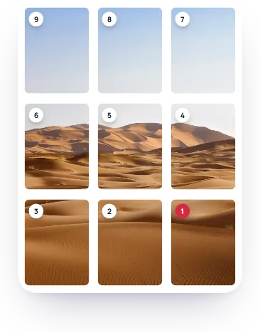 A desert photo cut into nine numbered 3:4 tiles, tile 1 at the bottom right