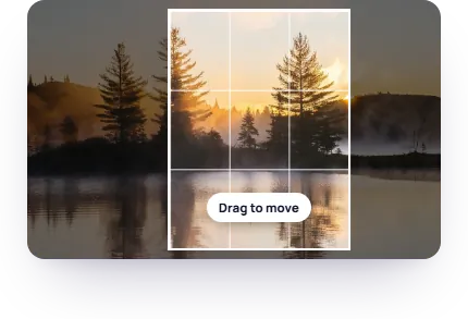 A wide lake photo with the 3x3 grid frame over the part that stays, the rest dimmed