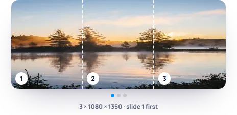 A lake panorama cut into three 4:5 carousel slides, numbered 1 to 3