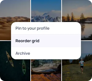 Dimmed profile grid under a menu with Pin to your profile, Reorder grid and Archive