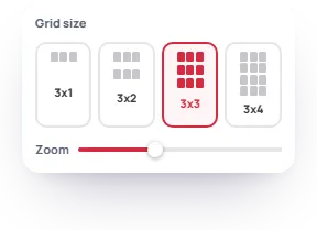 Grid size buttons 3x1 to 3x4 with 3x3 picked, and the zoom slider