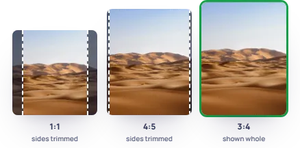 The same photo posted as 1:1, 4:5 and 3:4: the 3:4 profile tile trims the sides of the first two and shows the 3:4 post whole