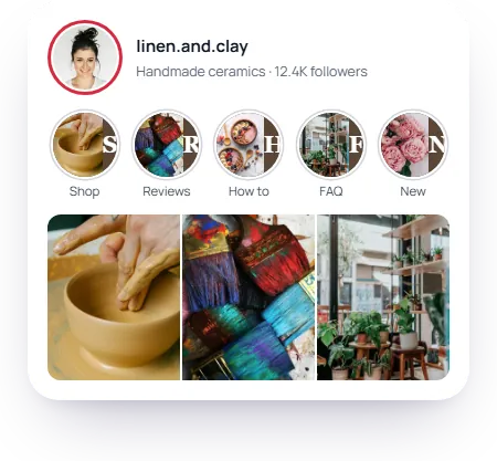 Instagram profile of linen.and.clay with five matching highlight covers, one letter each, above three posts