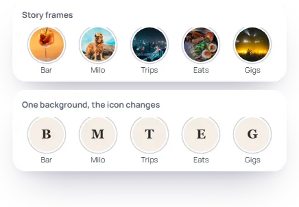 Two rows of highlight covers: story frames that look like random crops, and the same five highlights on one cream background with a letter each