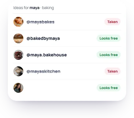 Username ideas for maya in baking, each marked Taken or Looks free
