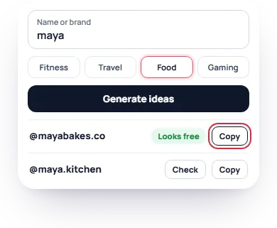 The generator with maya typed in and Food picked; @mayabakes.co marked Looks free with Copy pressed, and @maya.kitchen showing a Check button